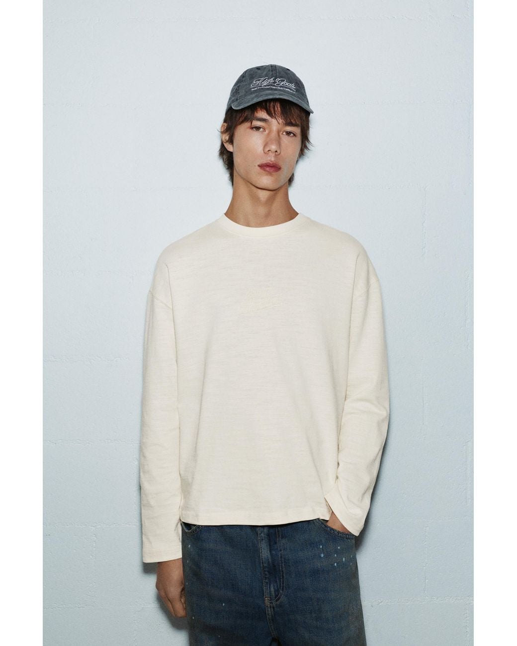 Pull&Bear White Stwd Long Sleeve T-Shirt for men