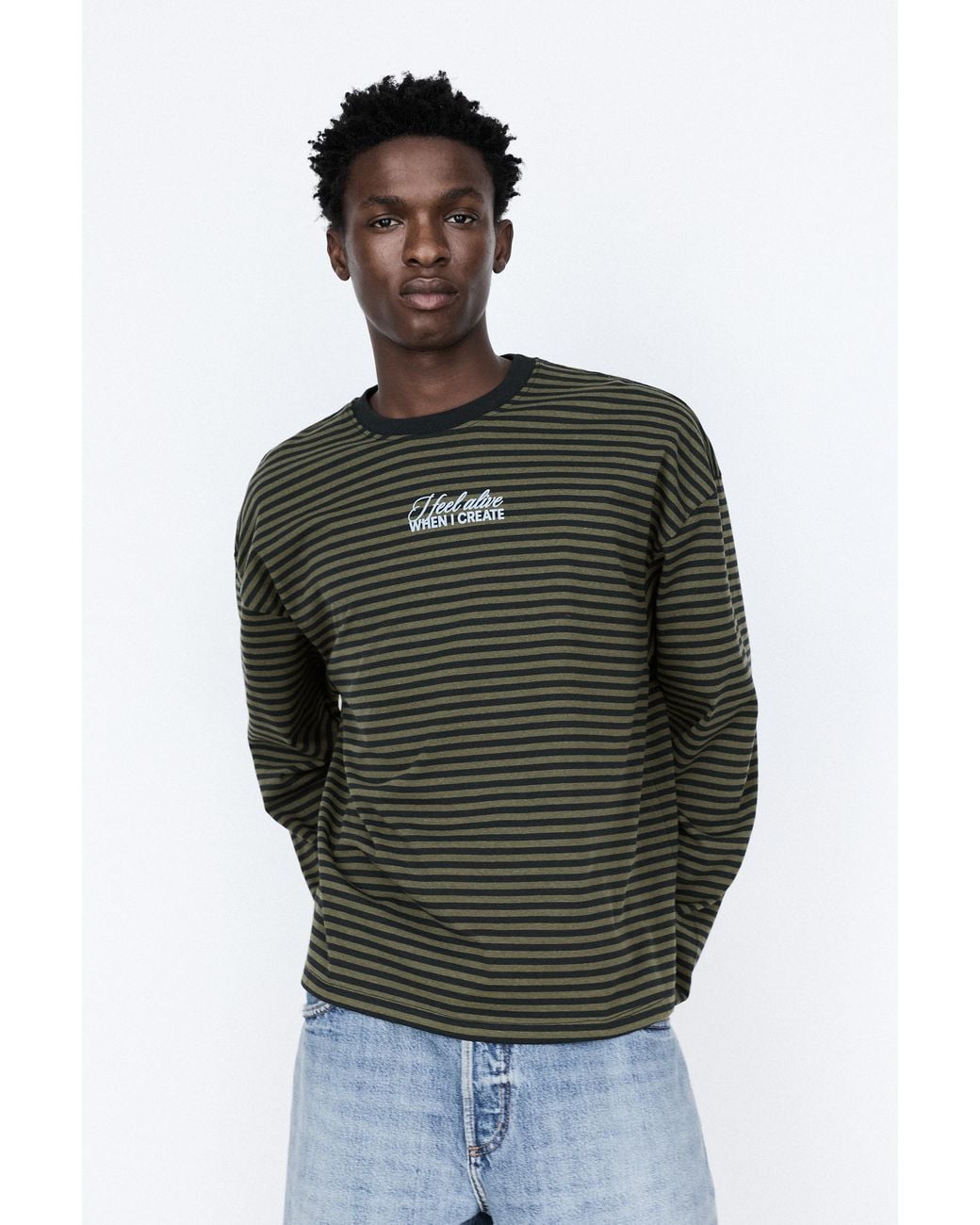 Pull&Bear Gray Striped T-Shirt With Text for men