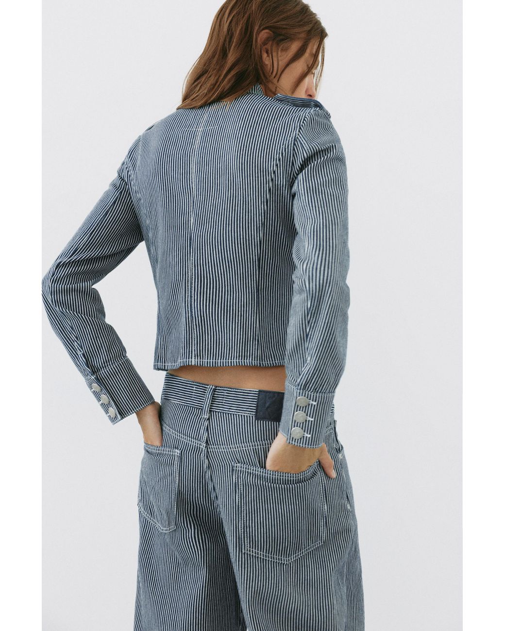 Pull&Bear Gestreept Denim Jack Met Knopen in het Gray
