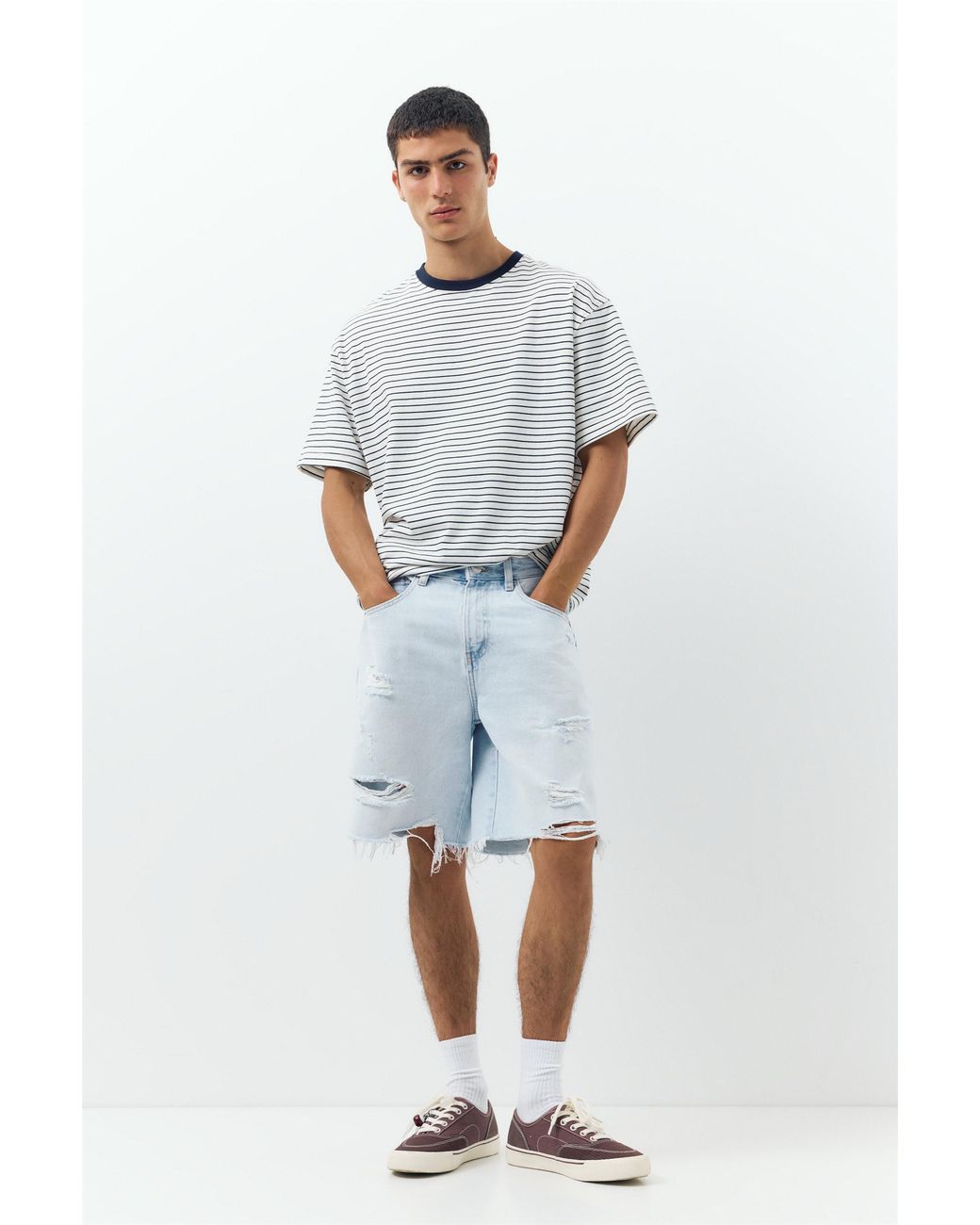 Pull&Bear Blue Straight-Leg Denim Bermuda Shorts for men