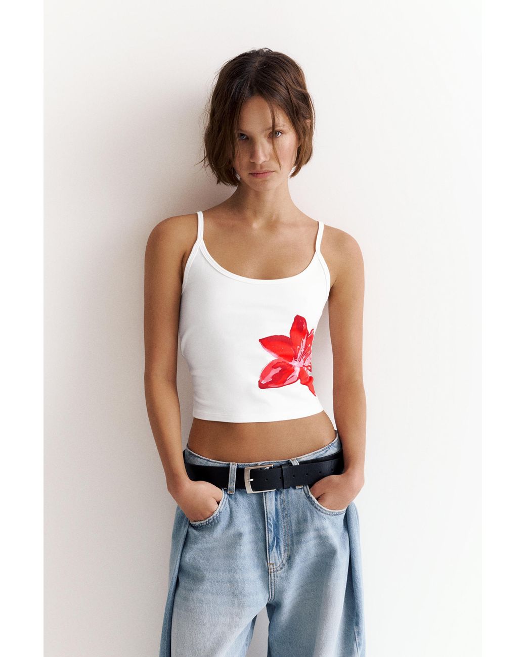 Pull&Bear Natural Hibiscus Flower Strappy Top