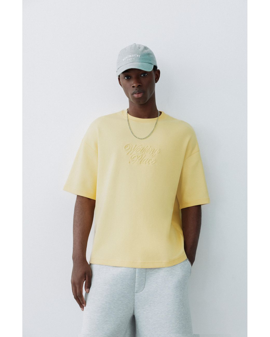 Pull&Bear Yellow Short Sleeve Sweatshirt With Raised Slogan for men