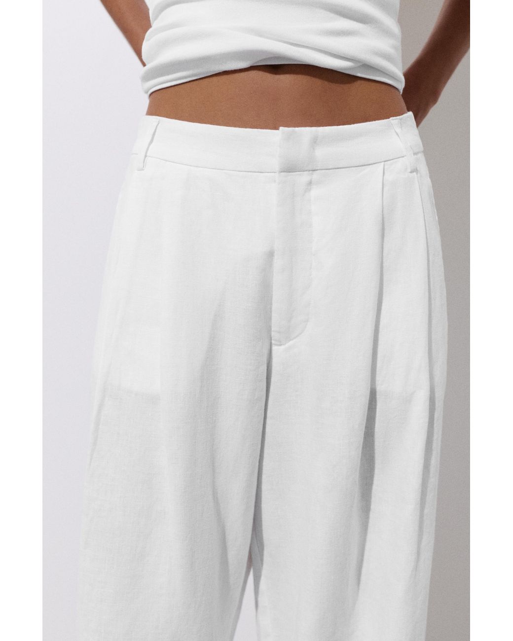 Pull&Bear Gray Wide-Leg 100% Linen Trousers