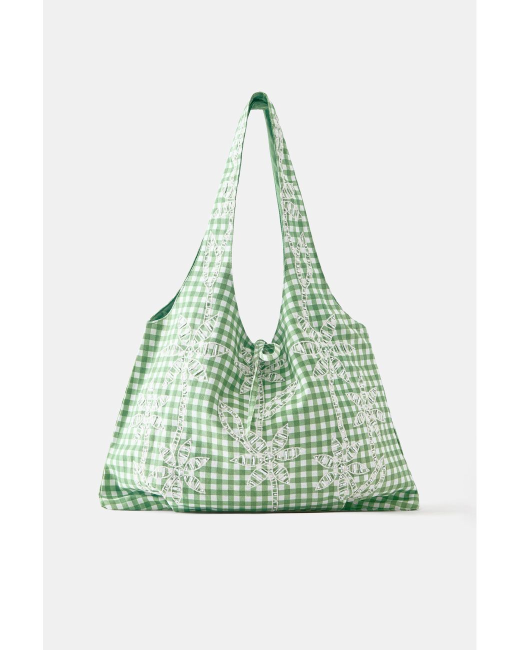 Pull&Bear Green Gingham Palm Print Tote Bag