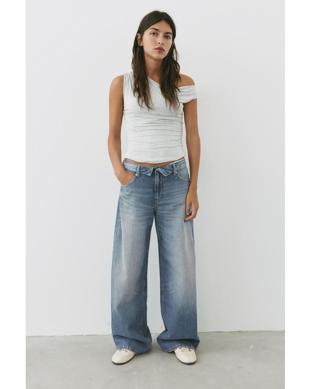 Pull&Bear Blue Balloon Relaxed Fit Jeans With Turned-Over Waistband
