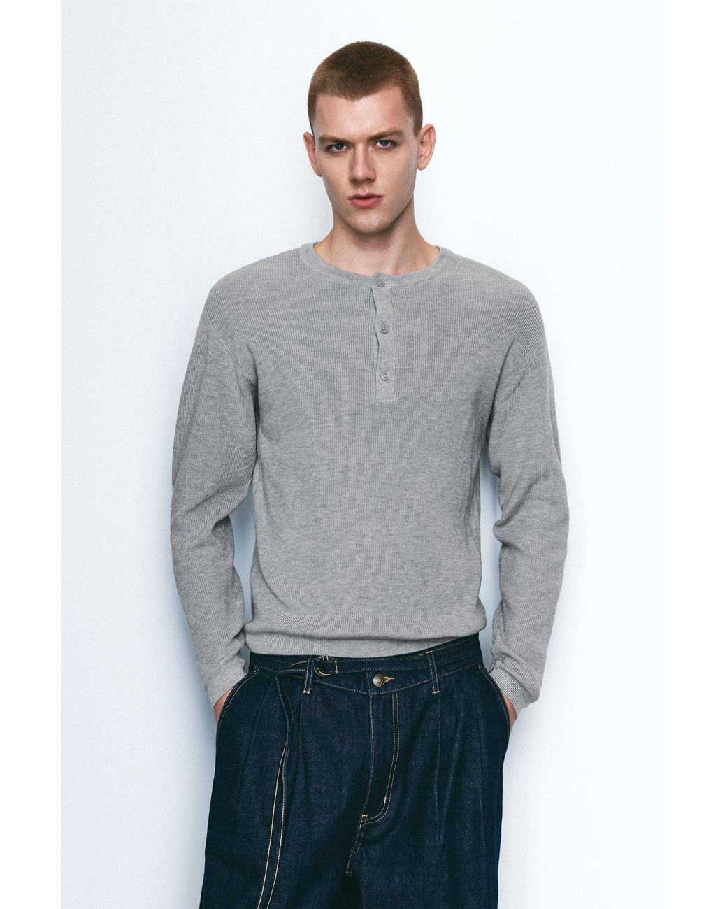 Pull&Bear Gray Henley Collar Jumper for men