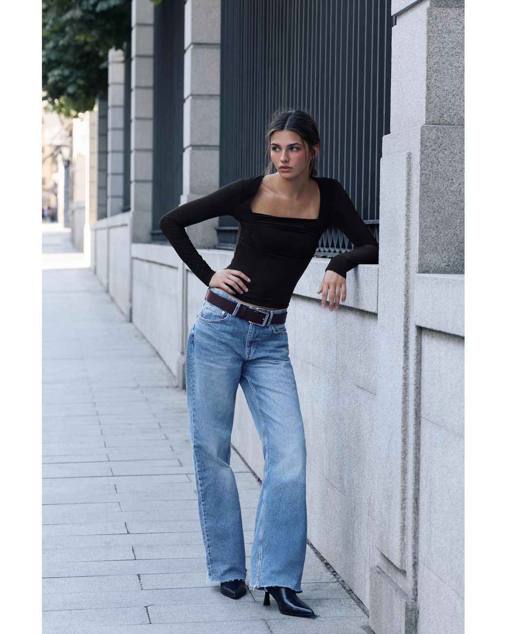 Pull&Bear Black Square Neckline Top With Gathered Detail