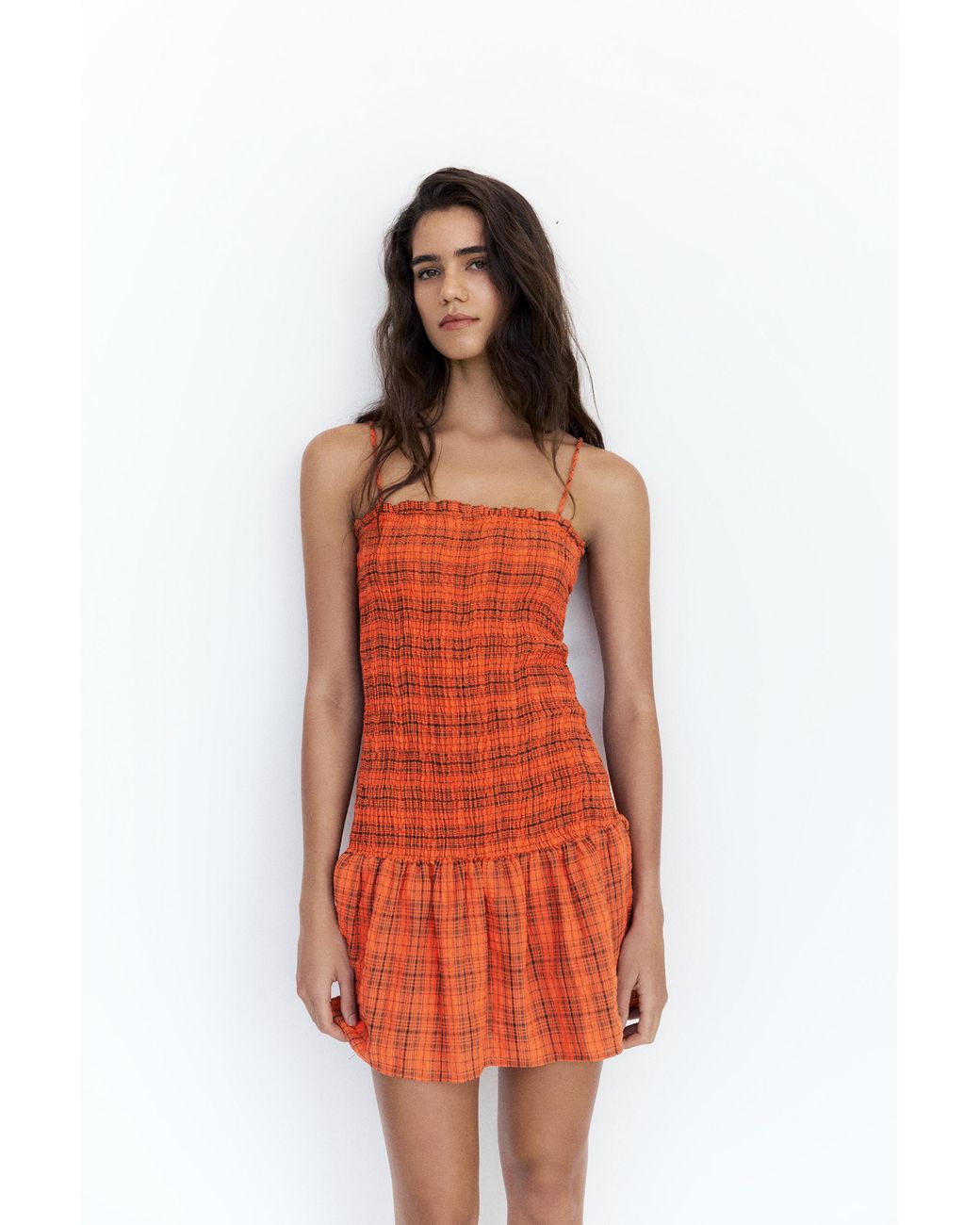 Pull&Bear Red Check Smocked Dress