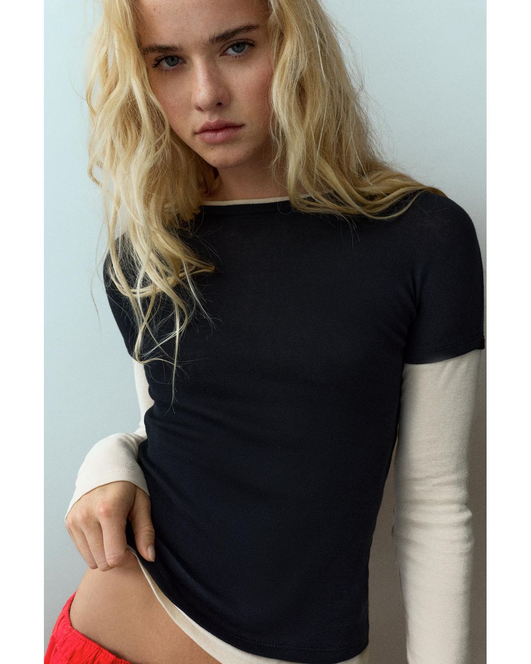 Pull&Bear Black Double-Sleeve T-Shirt