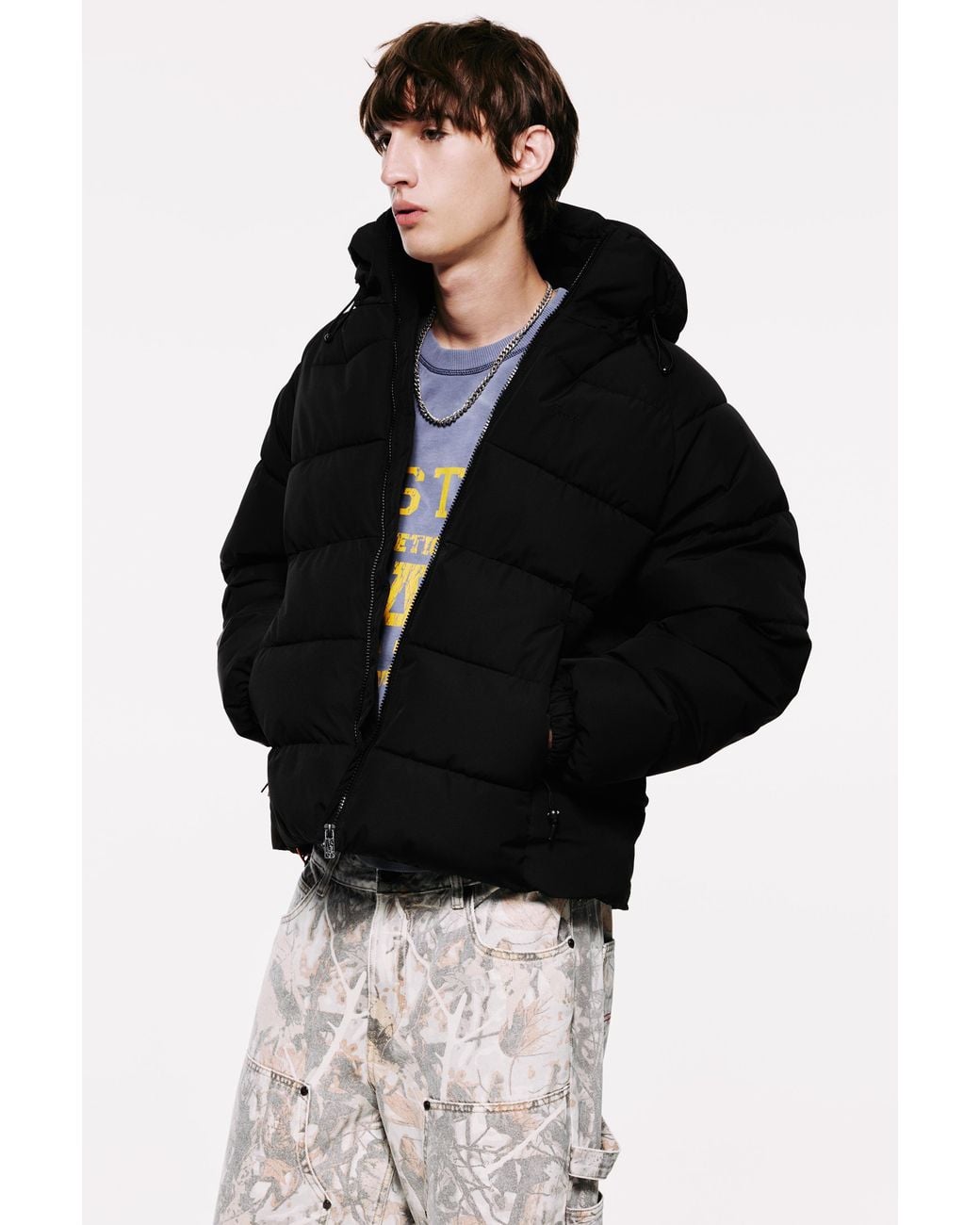 Pull&Bear Black Quilted Jacket With Hood for men