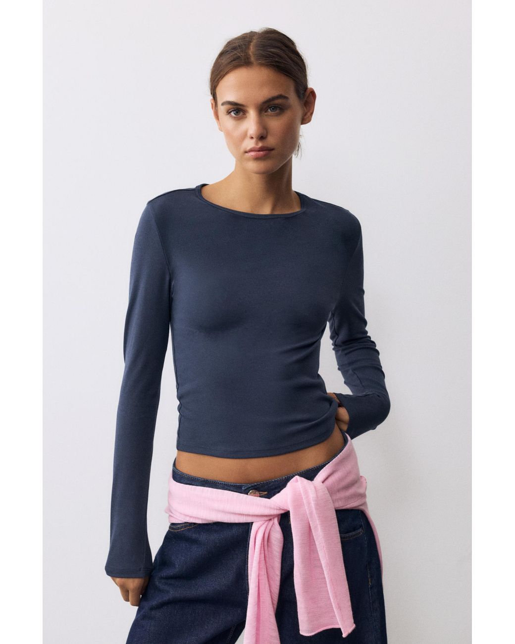 Pull&Bear Blue Fitted Long Sleeve T-Shirt