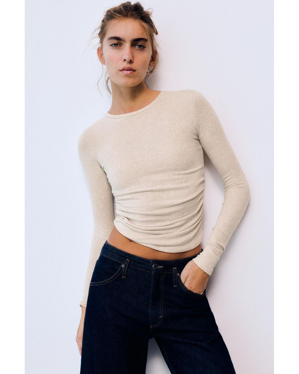 Pull&Bear Natural Soft-Touch Gathered T-Shirt