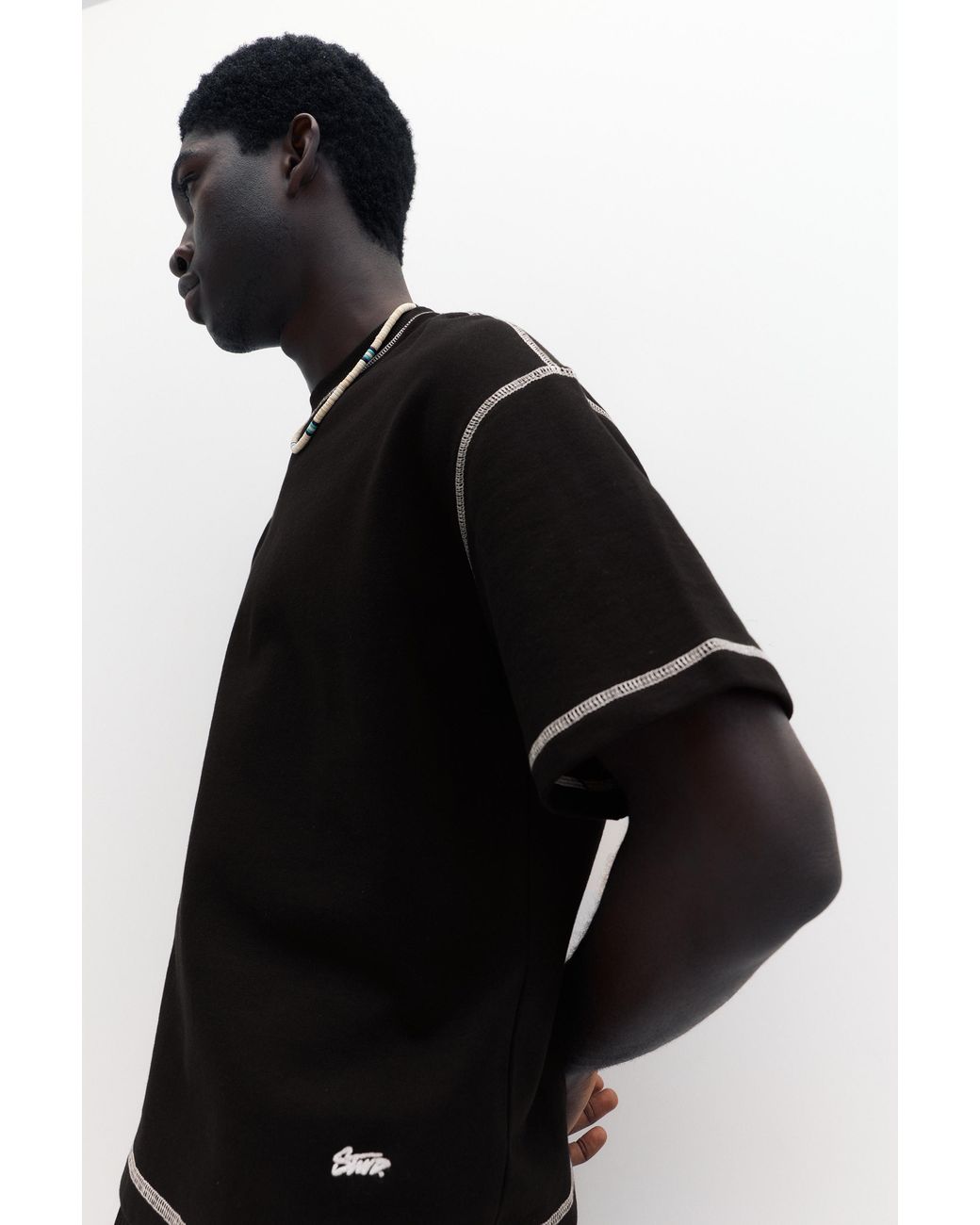 Pull&Bear Black Short Sleeve Stwd Seam Sweatshirt for men