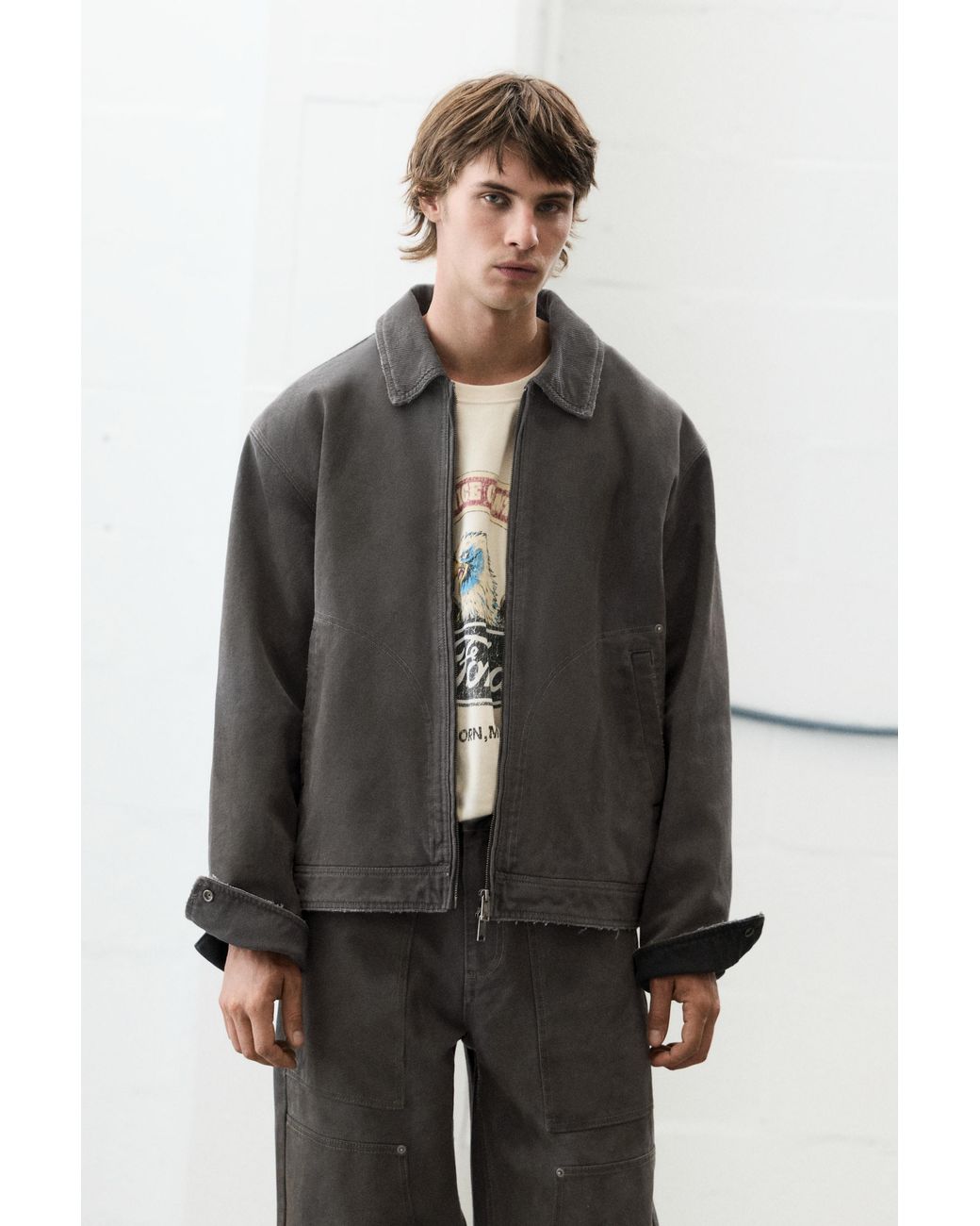 Pull&Bear Gray Washed-Finish Jacket for men