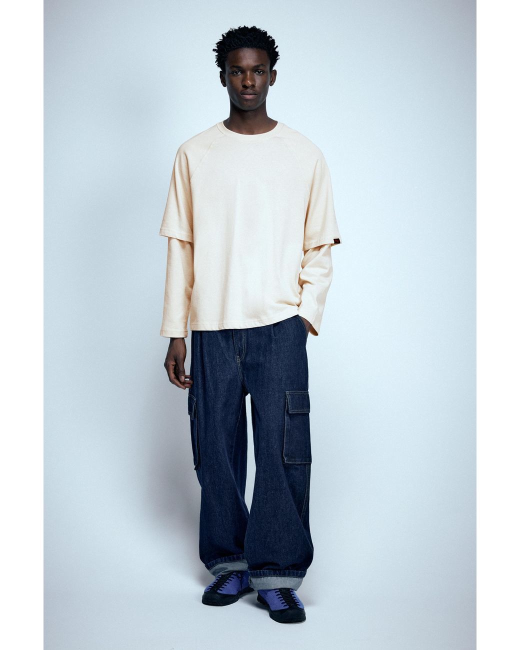 Pull&Bear Blue Double Sleeve T-Shirt for men