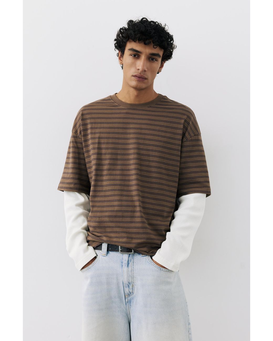 Pull&Bear Brown Long Sleeve Double-Layer T-Shirt for men