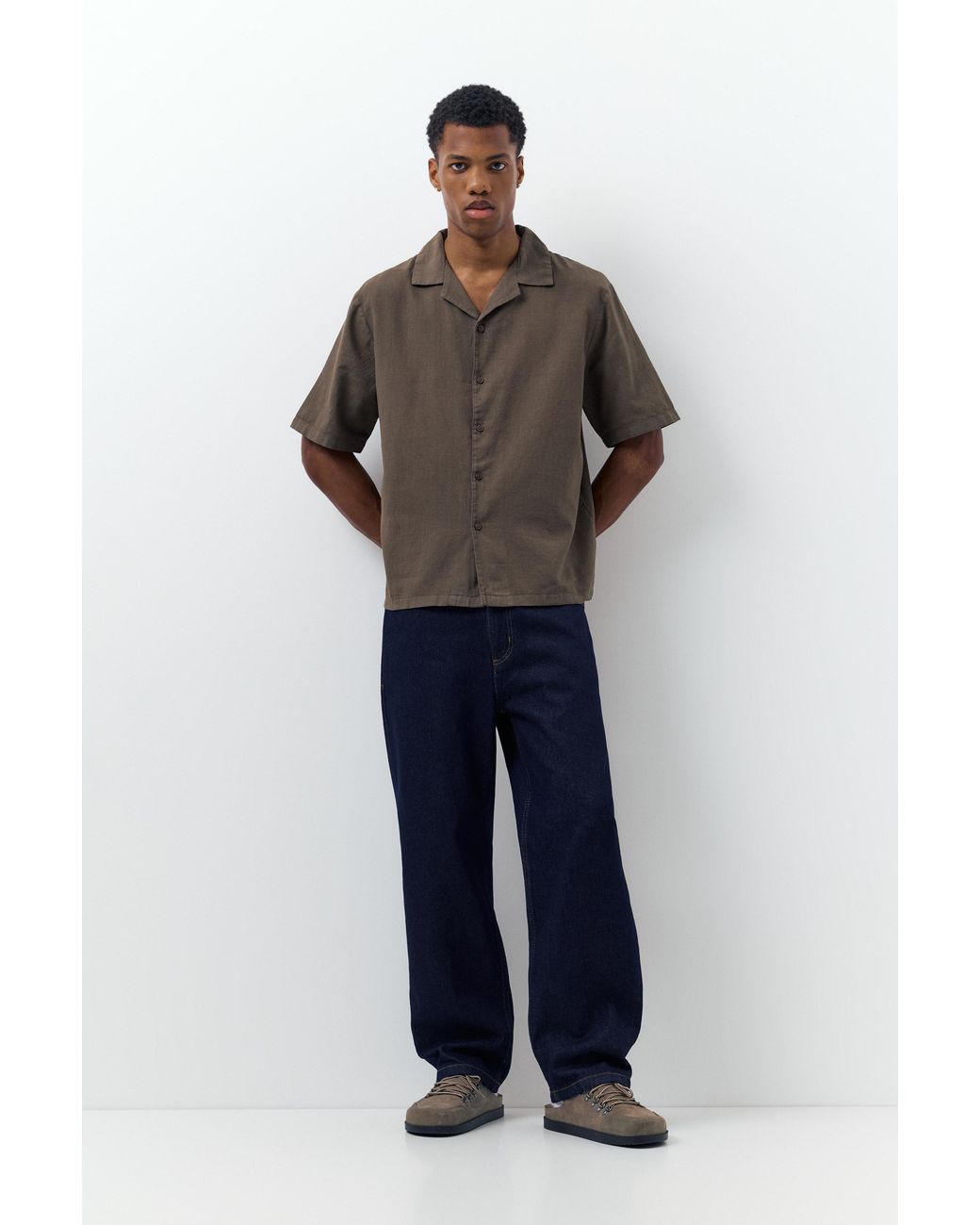 Pull&Bear Brown Short Sleeve Linen Blend Shirt for men