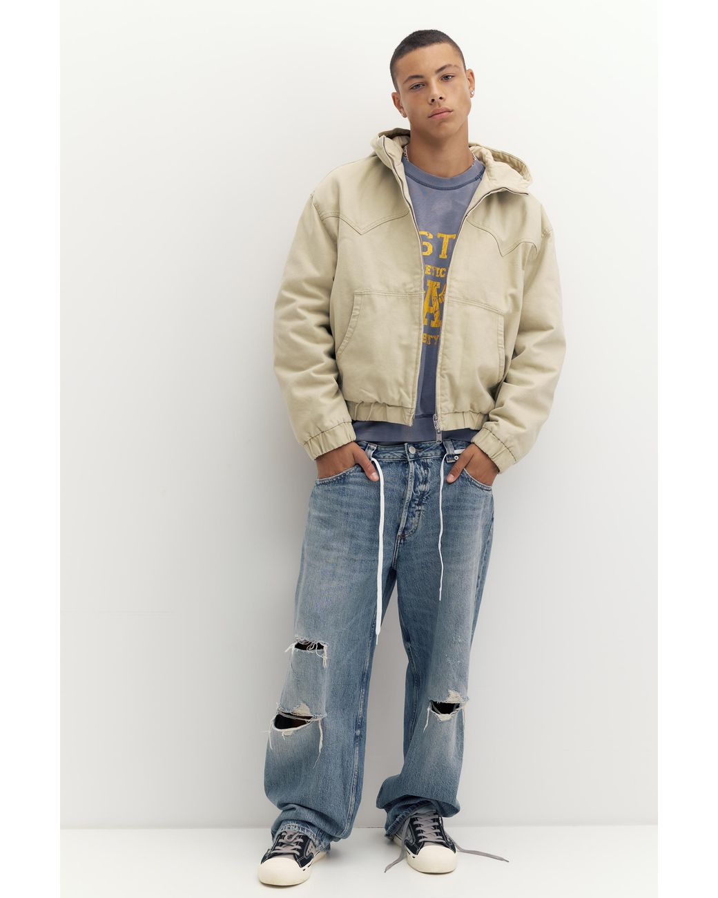Pull&Bear Blue Hooded Bomber Jacket for men