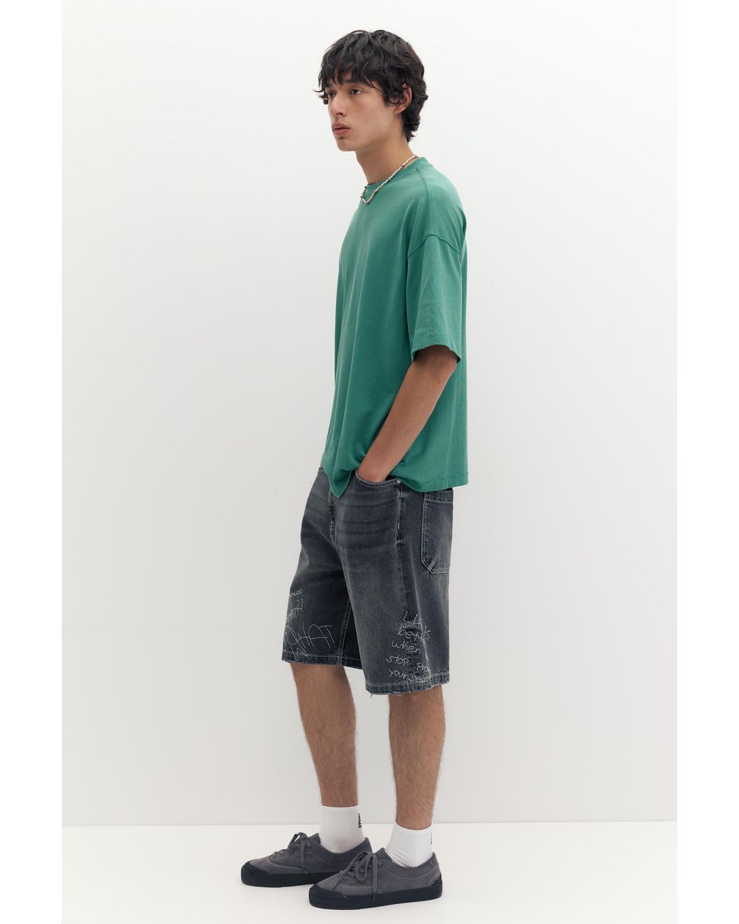 Pull&Bear Green Embroidered Baggy Denim Bermuda Shorts for men