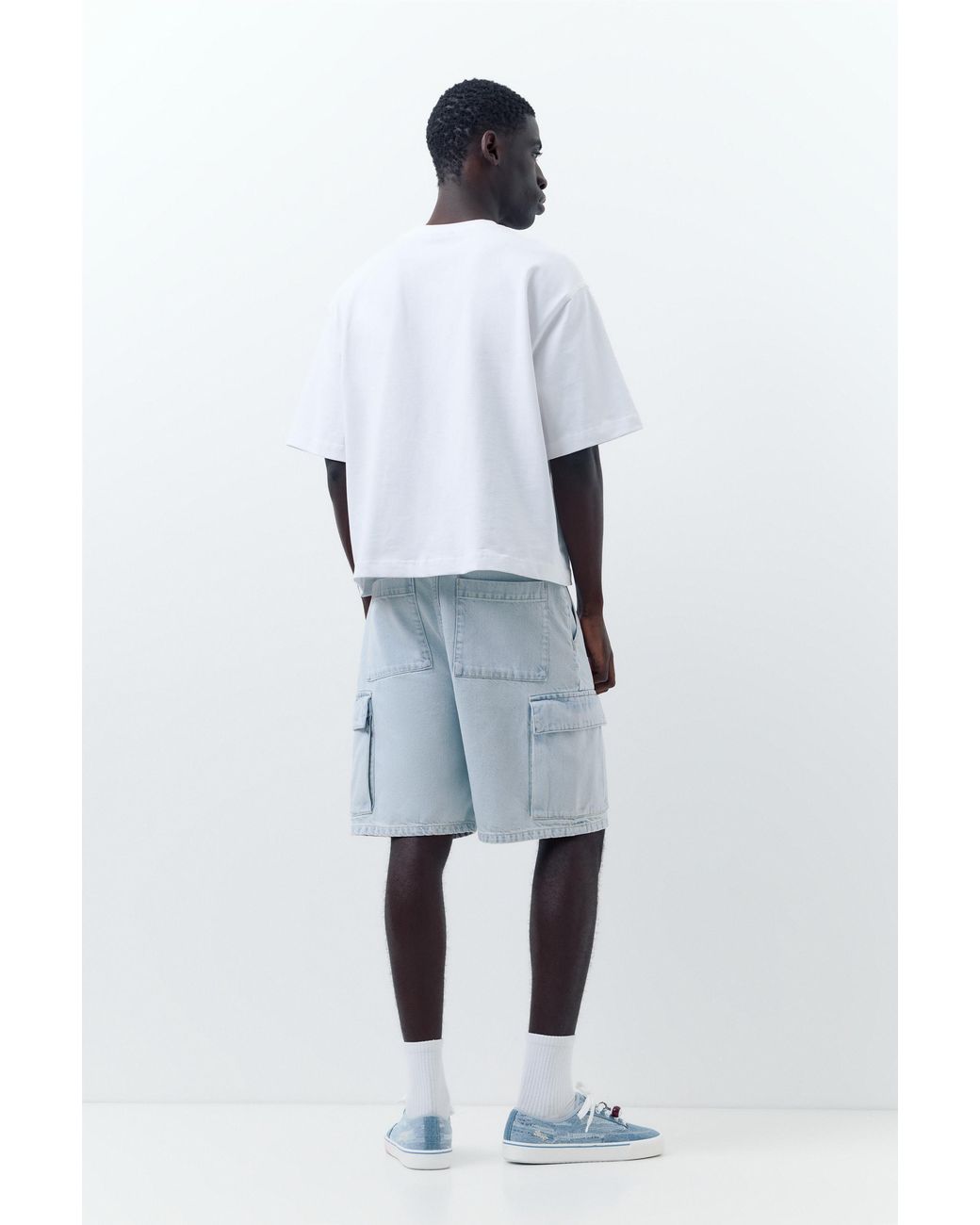 Pull&Bear White Baggy Cargo Bermuda Shorts for men