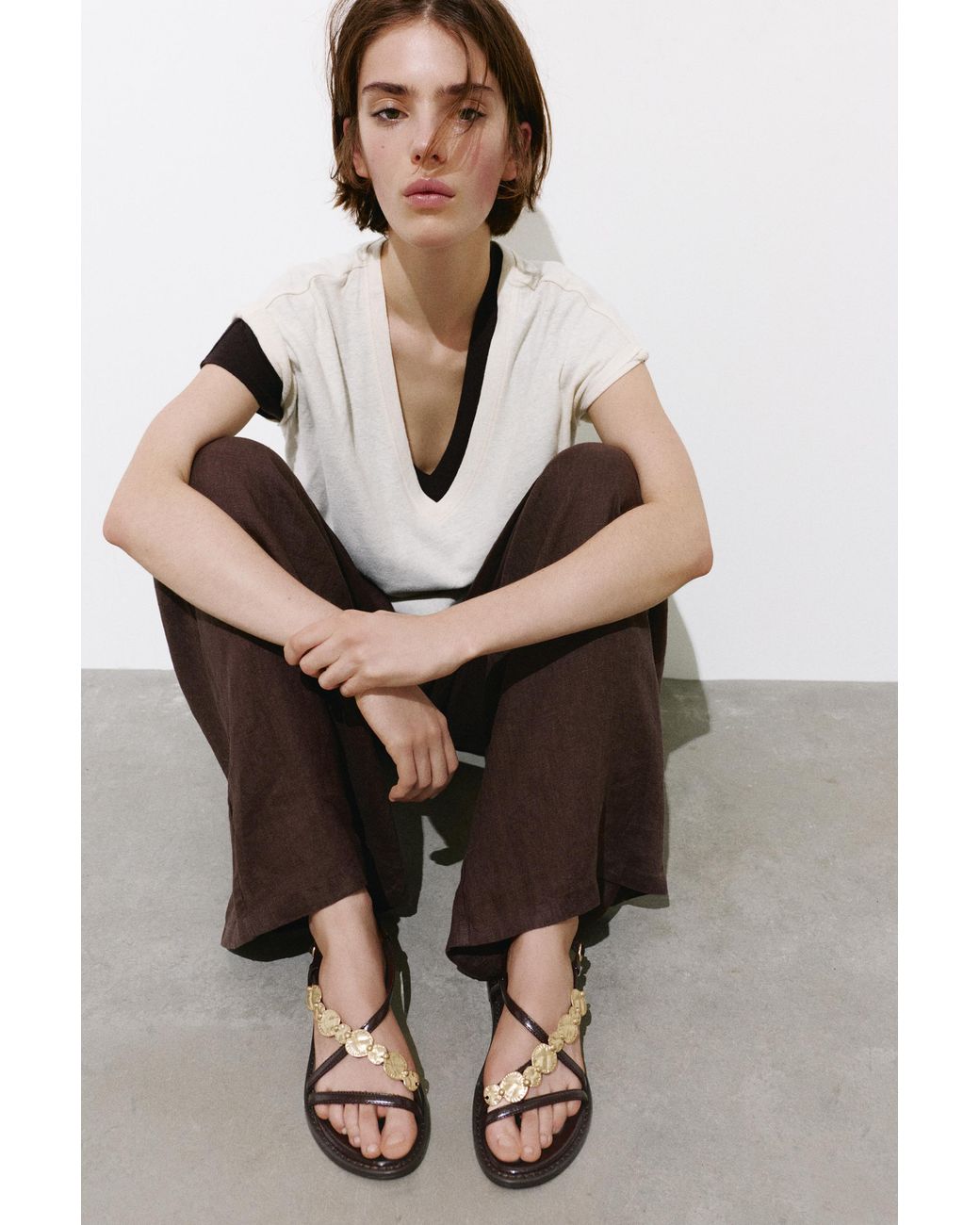 Pull&Bear Natural Flat Beaded Sandals