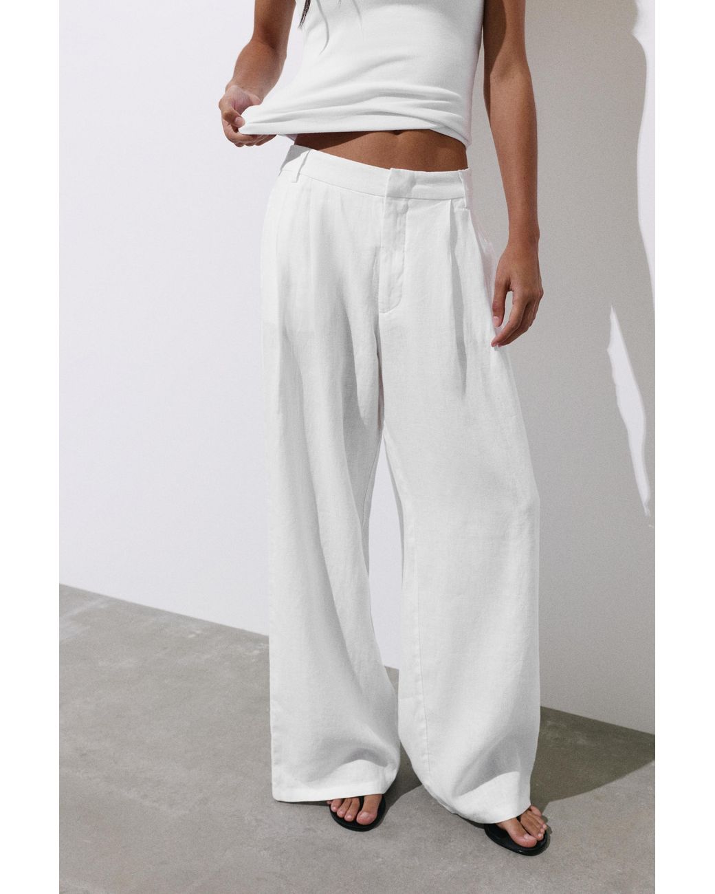 Pull&Bear Gray Wide-Leg 100% Linen Trousers