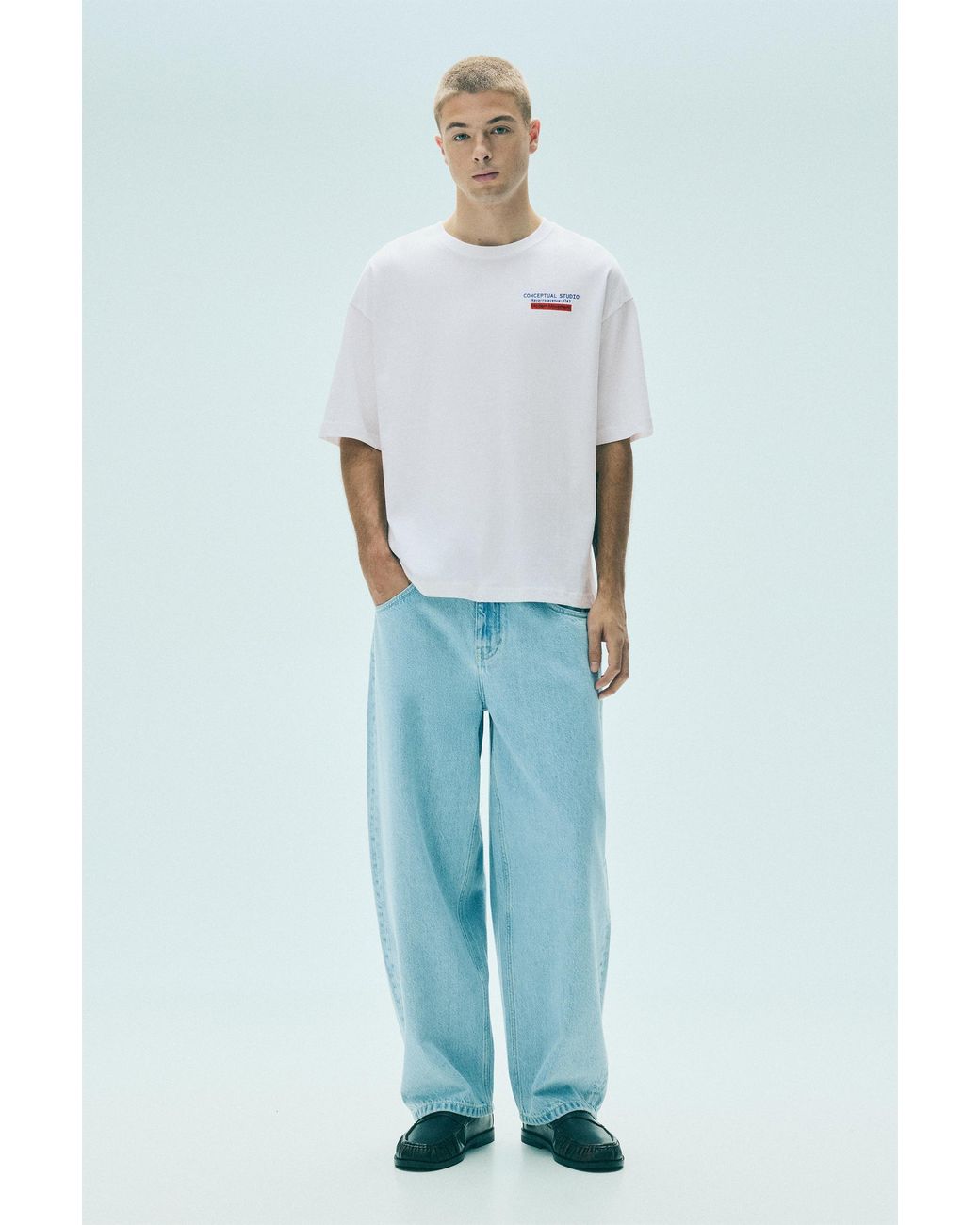 Pull&Bear Blue Conceptual Studio Relaxed Graphic T-Shirt for men