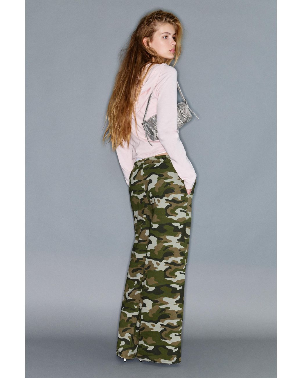 Pull&Bear Gray Wide-Leg Printed Trousers