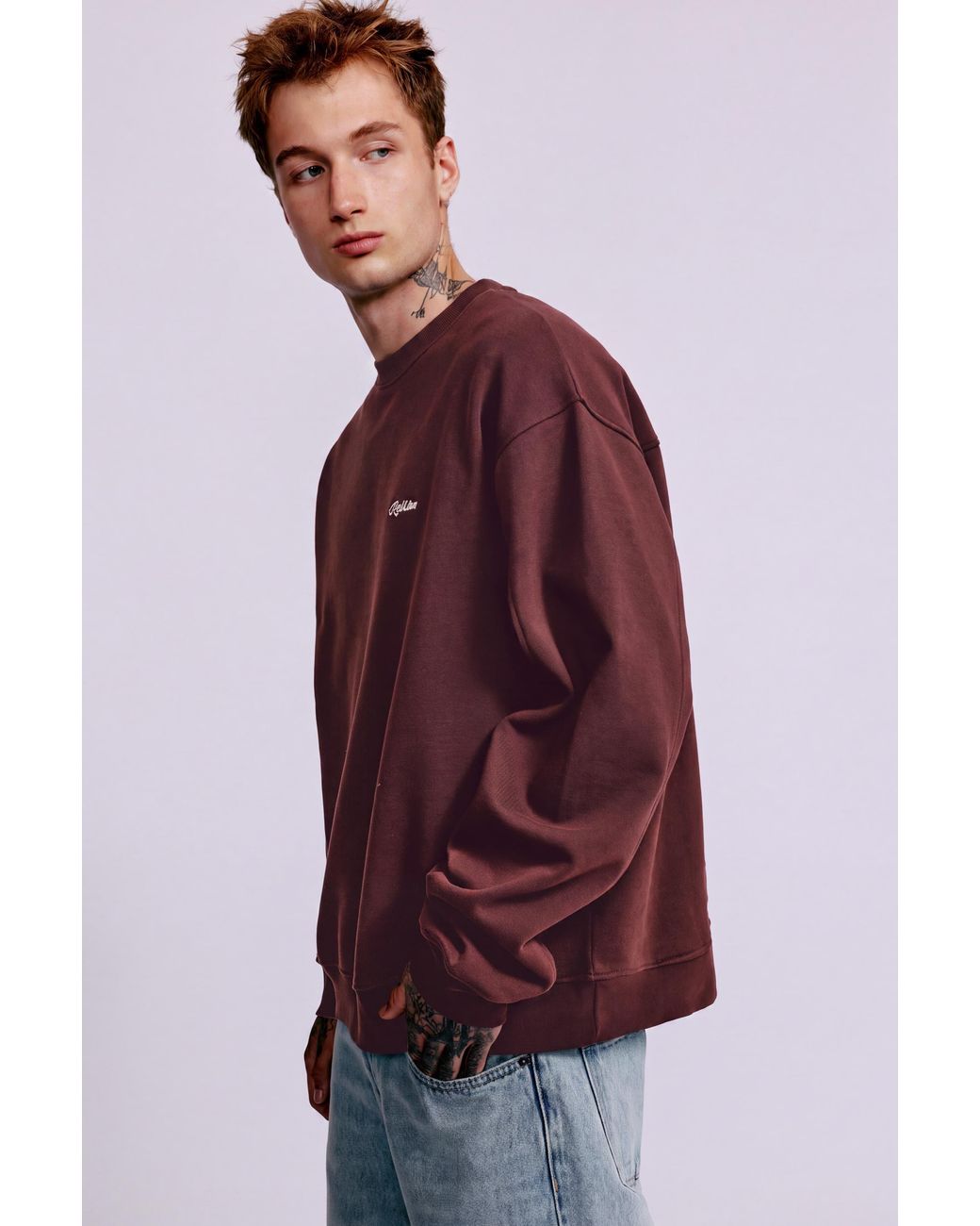 Pull&Bear Brown Embroidered Round Neck Sweatshirt for men