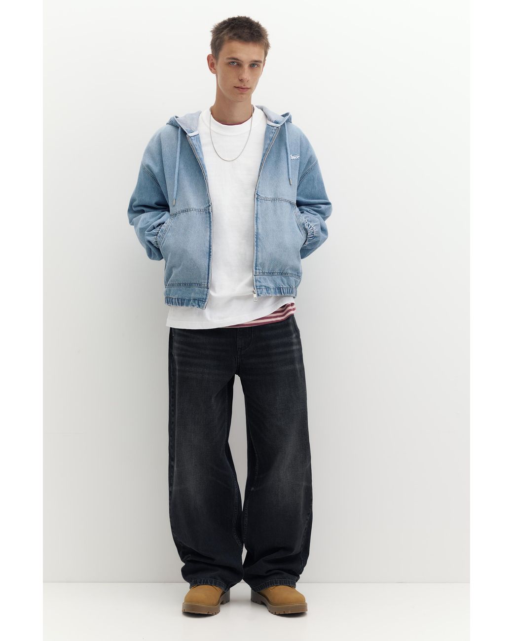 Pull&Bear Blue Stwd Hooded Zip-Up Denim Jacket for men