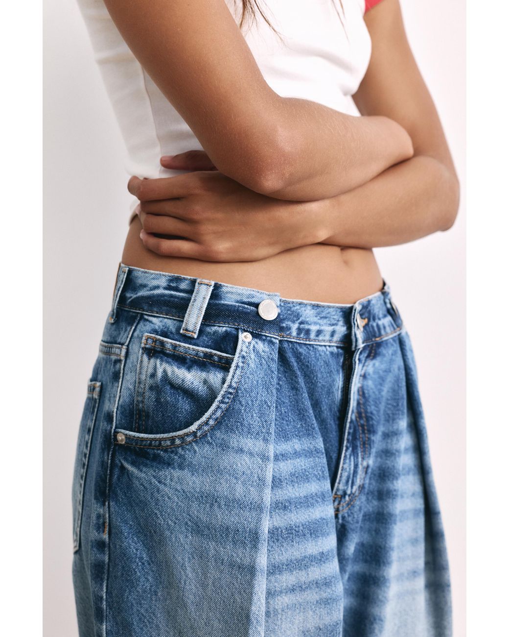 Pull&Bear Blue Pleated Balloon Fit Baggy Jeans