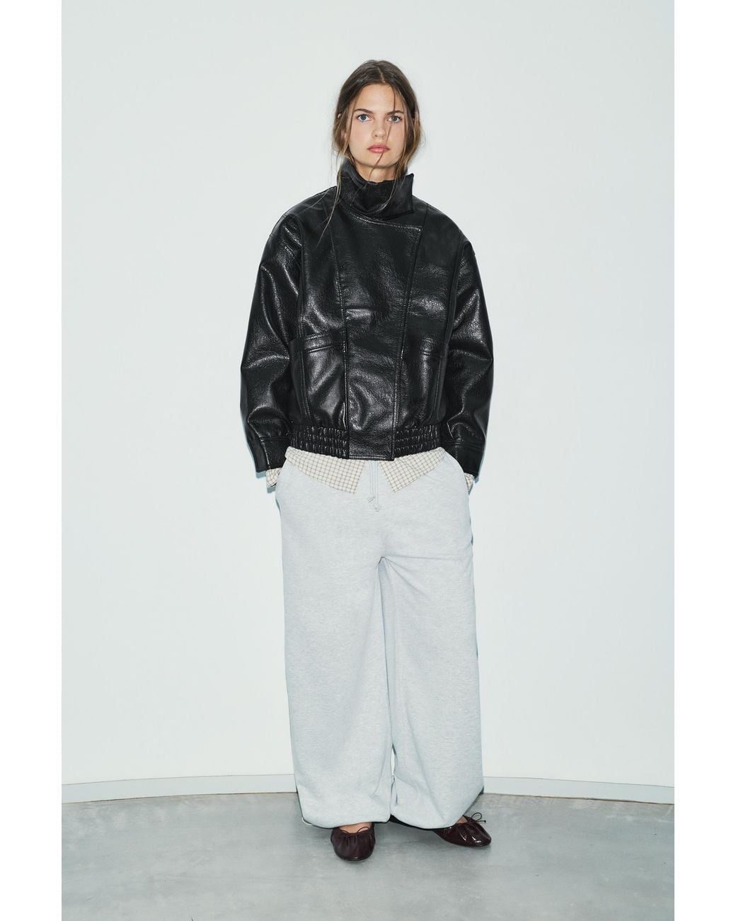 Pull&Bear Black Leather Effect High Neck Jacket