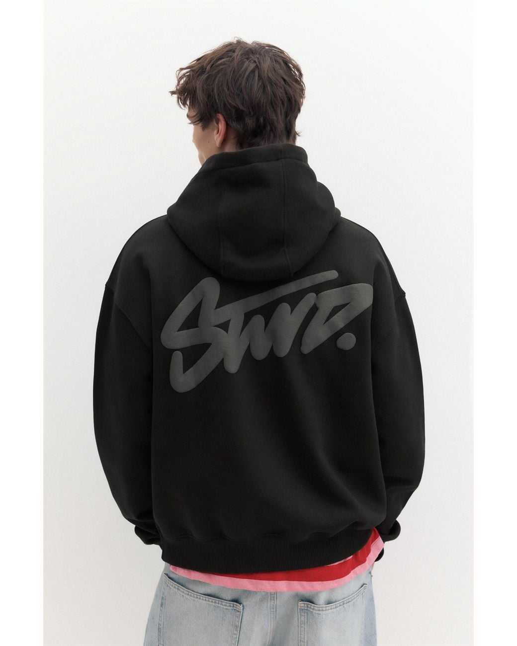 Pull&Bear Black Stwd Logo Boxy Hoodie for men