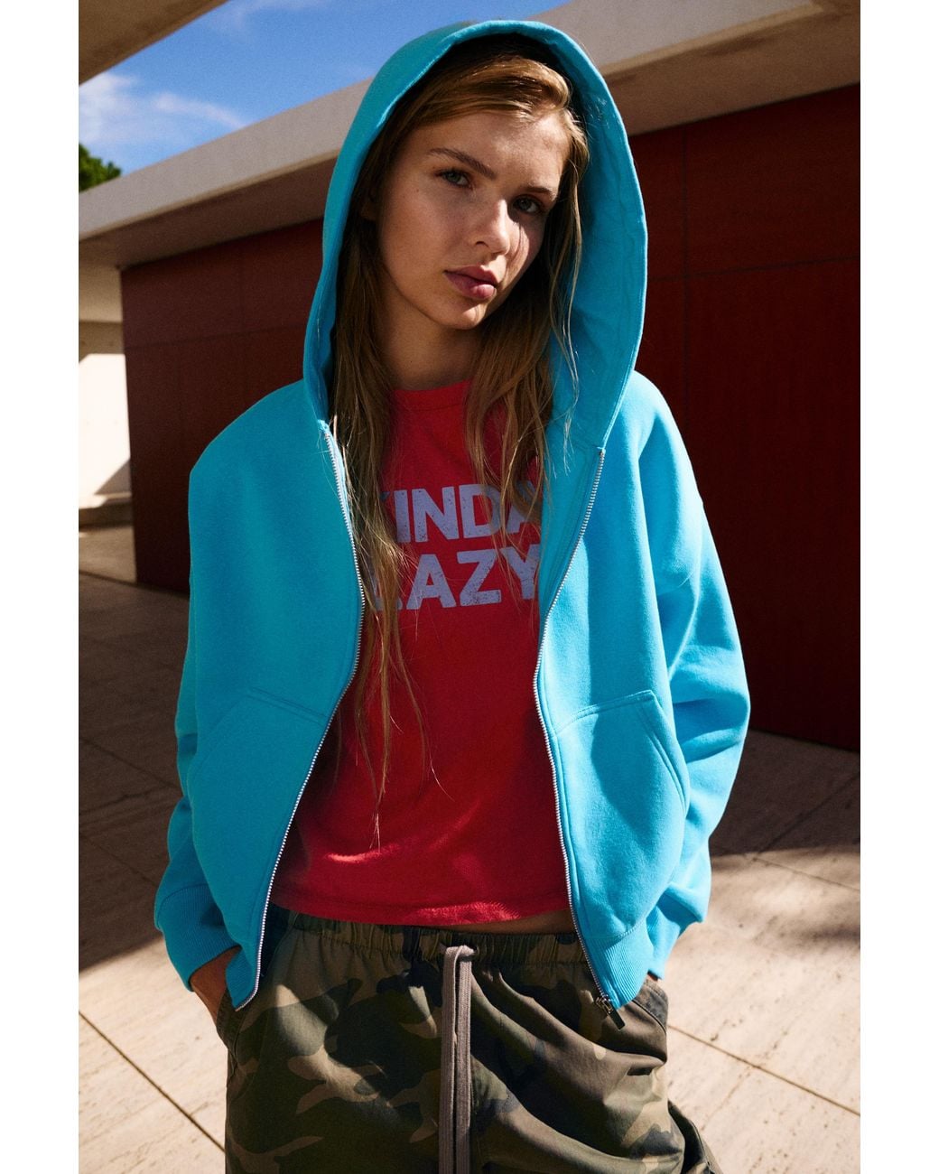 Sweat À Capuche Zippé En Daim Pull&Bear en coloris Red