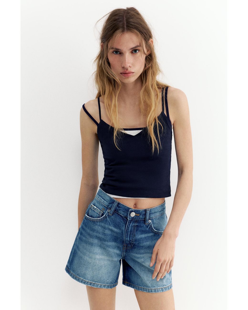 Pull&Bear Denim Bermuda Halfhoge Taille in het Blue