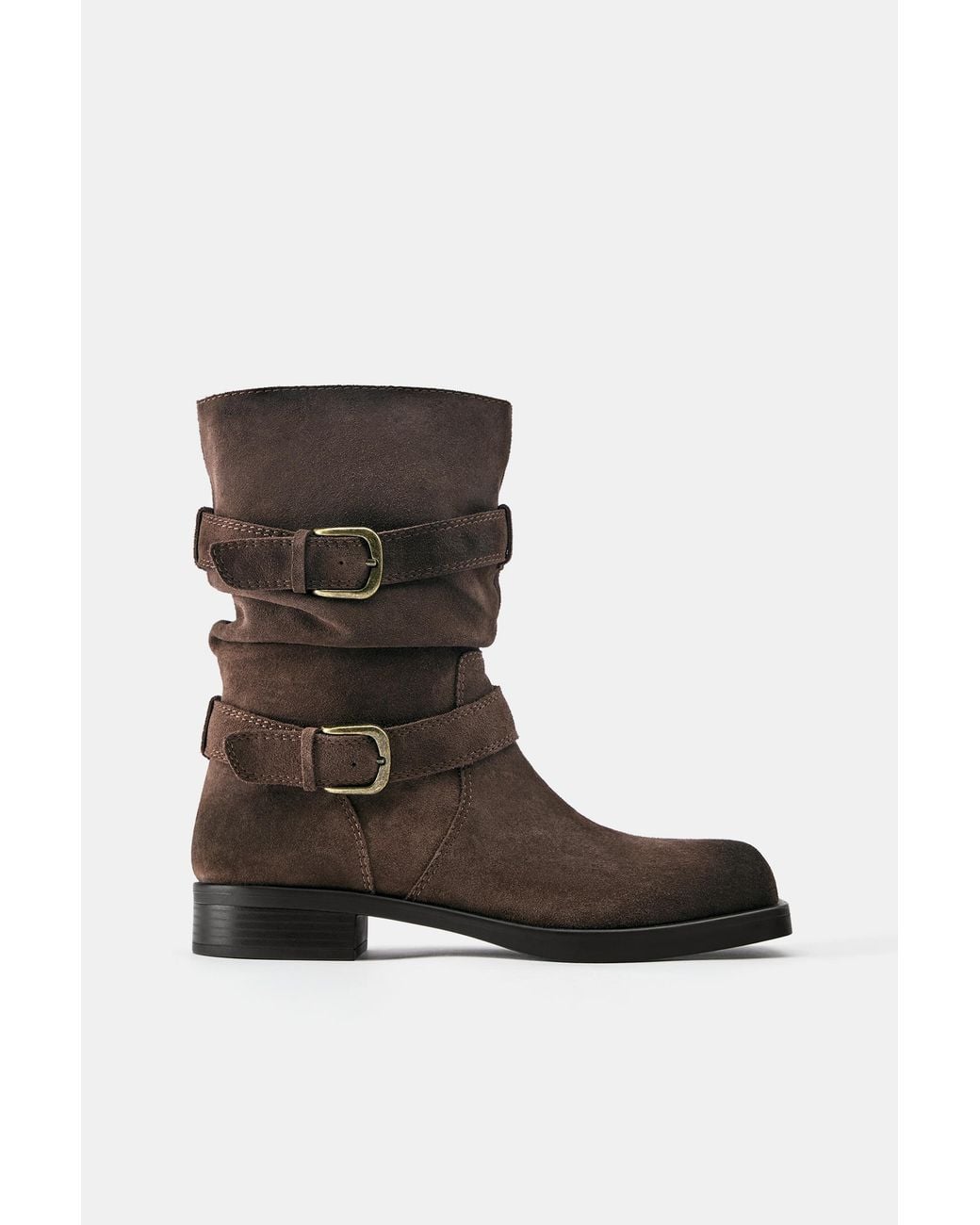 Pull&Bear Black Gathered Leather Boots With Buckles for men