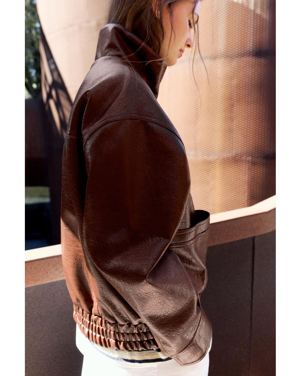 Pull&Bear Brown Leather Effect Jacket With High Neck