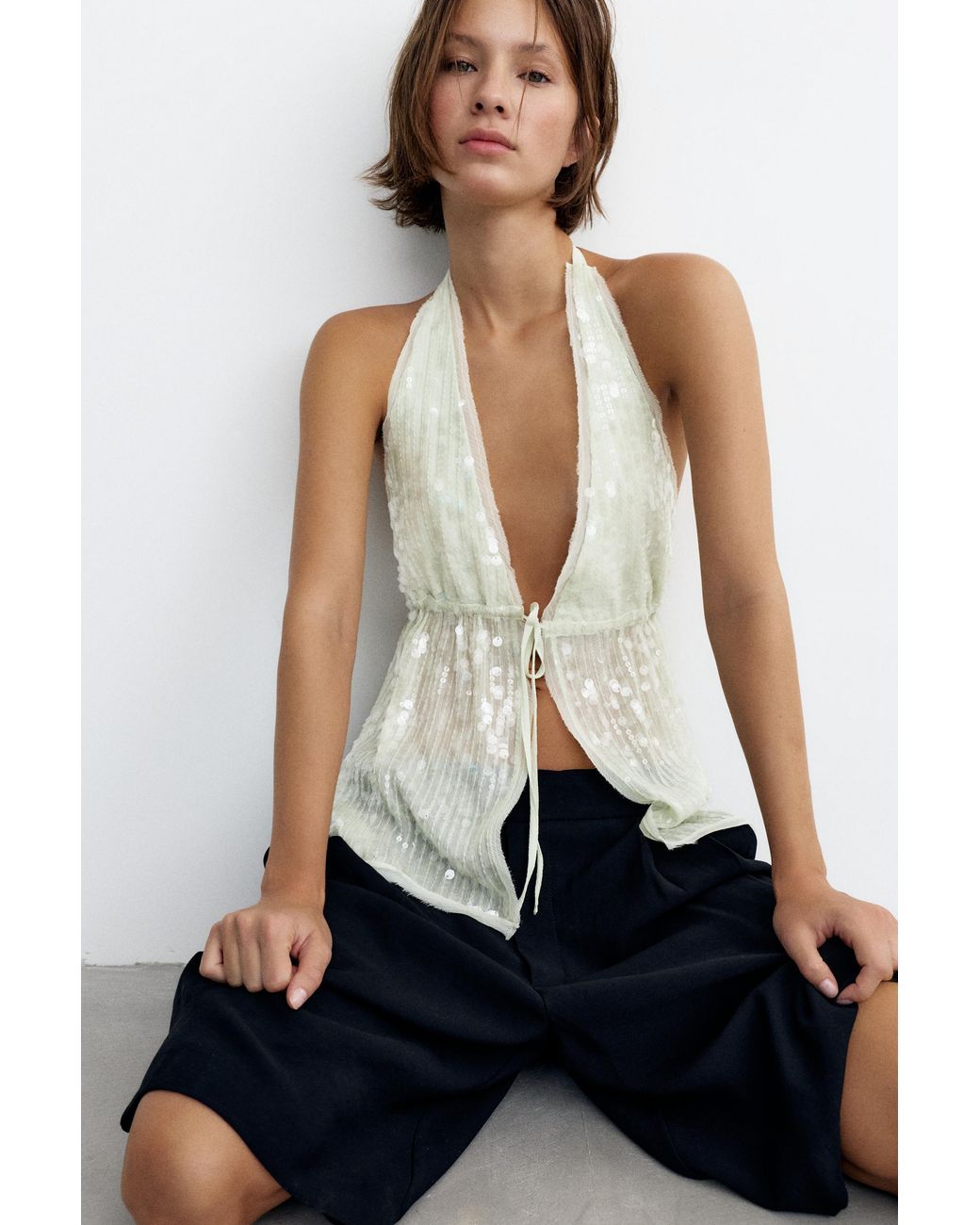 Pull&Bear Black Sequin Halter Top