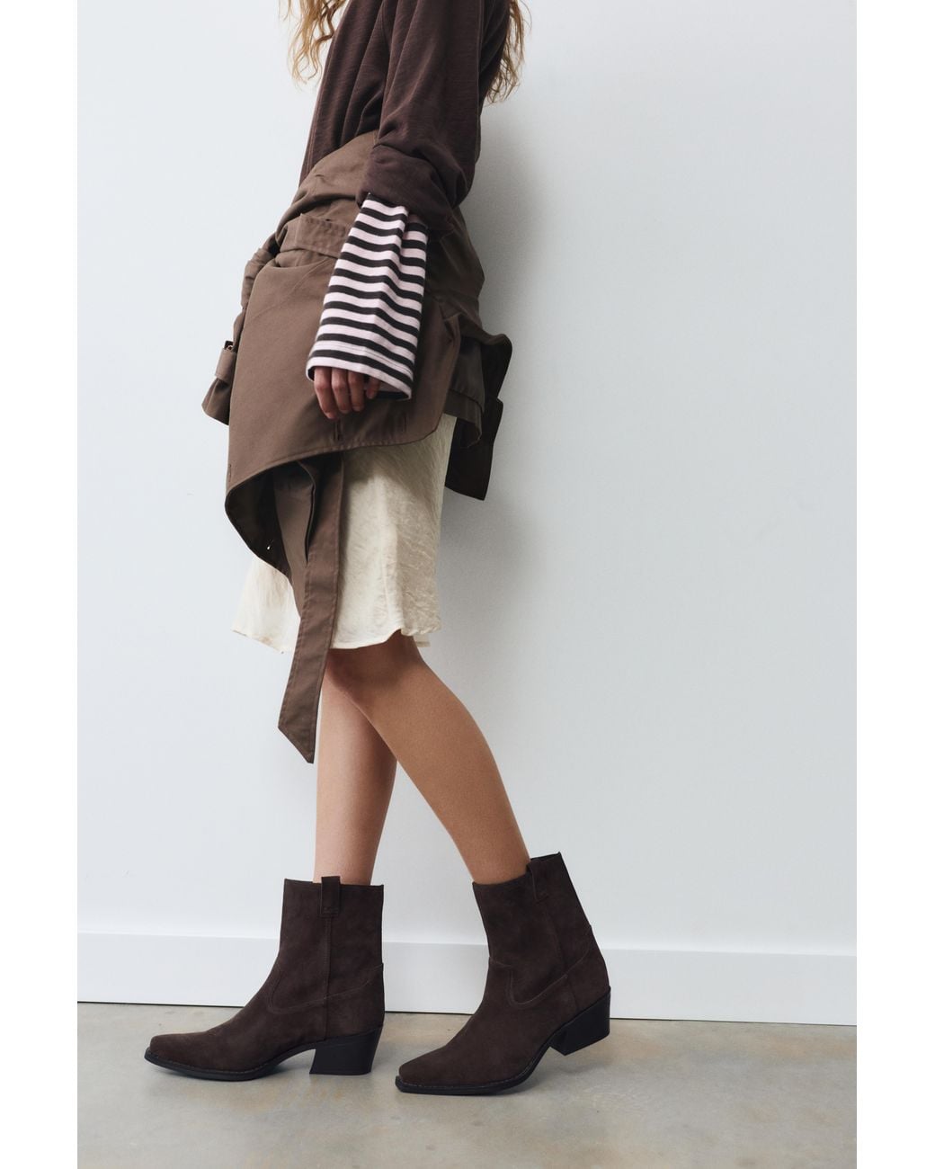 Pull&Bear Brown Leather Cowboy Ankle Boots