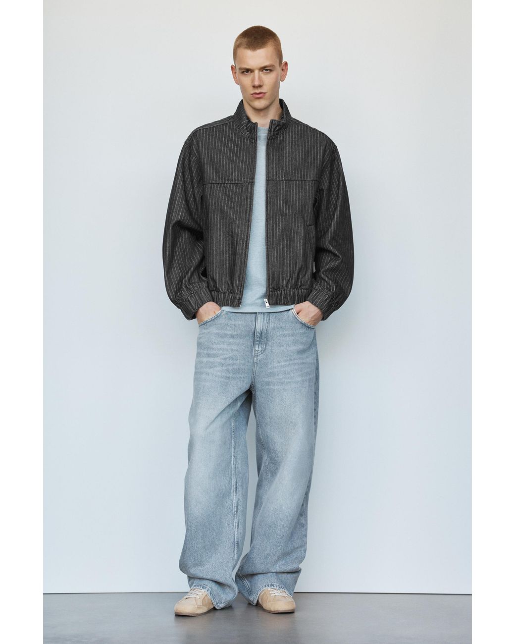 Pull&Bear Black Pinstripe Denim Jacket for men