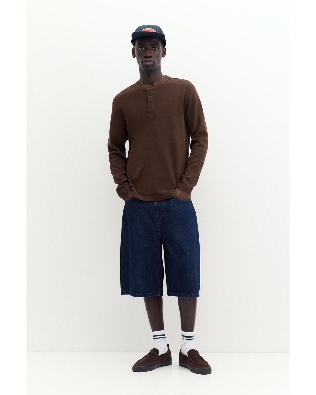 Pull&Bear Brown Long Sleeve Henley T-Shirt for men