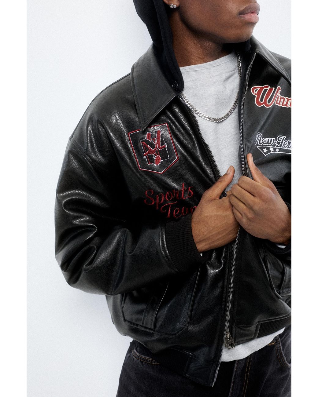 Pull&Bear Gray Combined Leather Effect Hooded Jacket for men