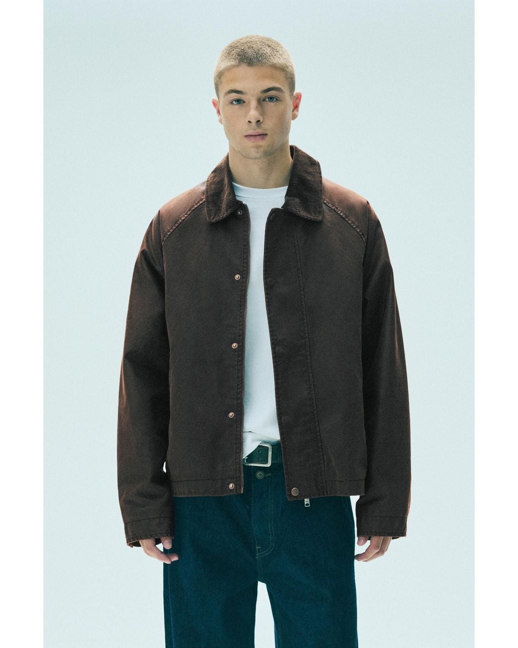 Pull&Bear Blue Waxed Corduroy Collar Jacket for men