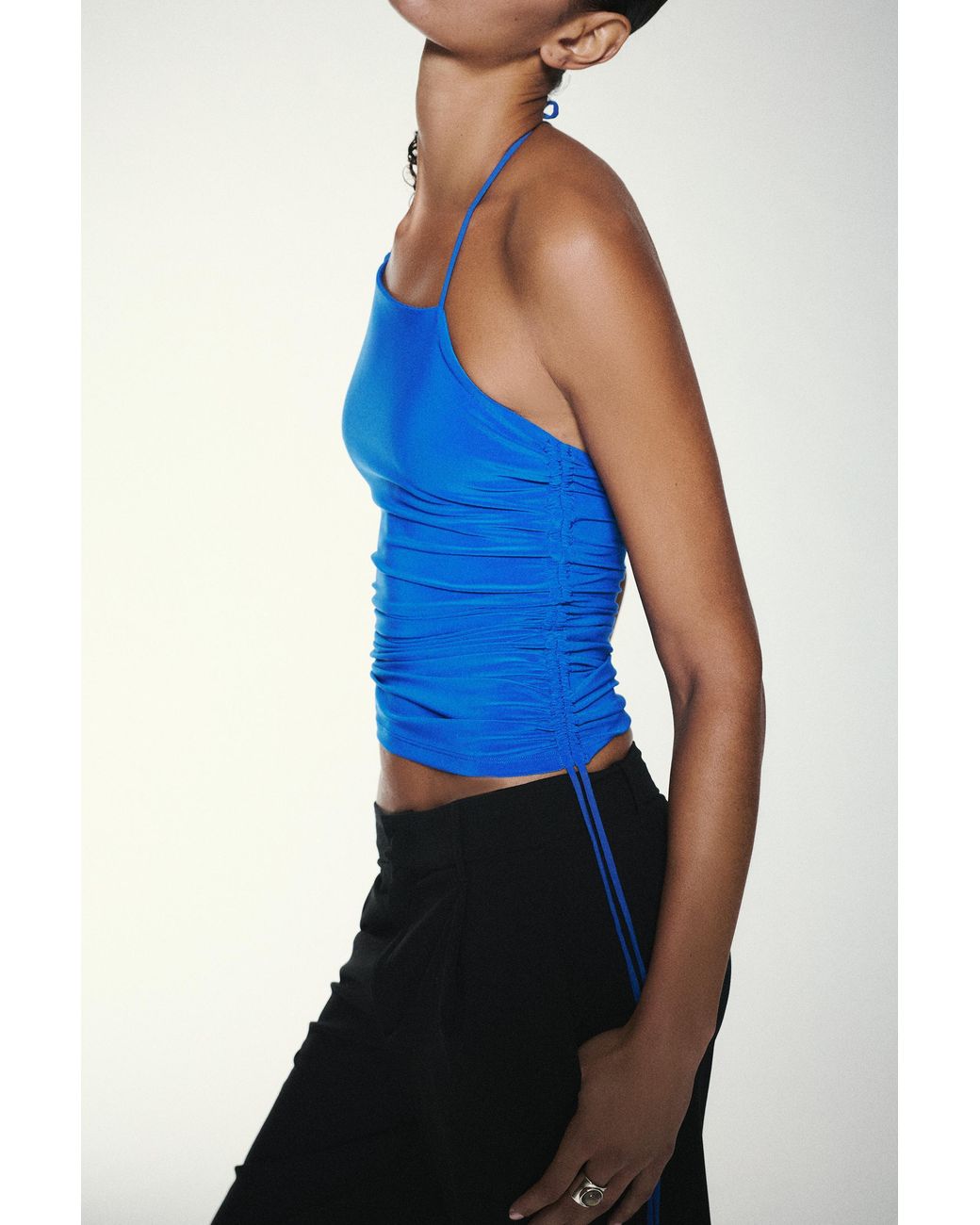 Pull&Bear Blue Asymmetric Halter Top With Gathered Detail