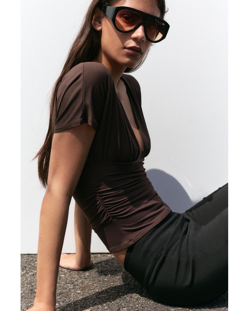 Pull&Bear Brown Gathered V-Neck Top