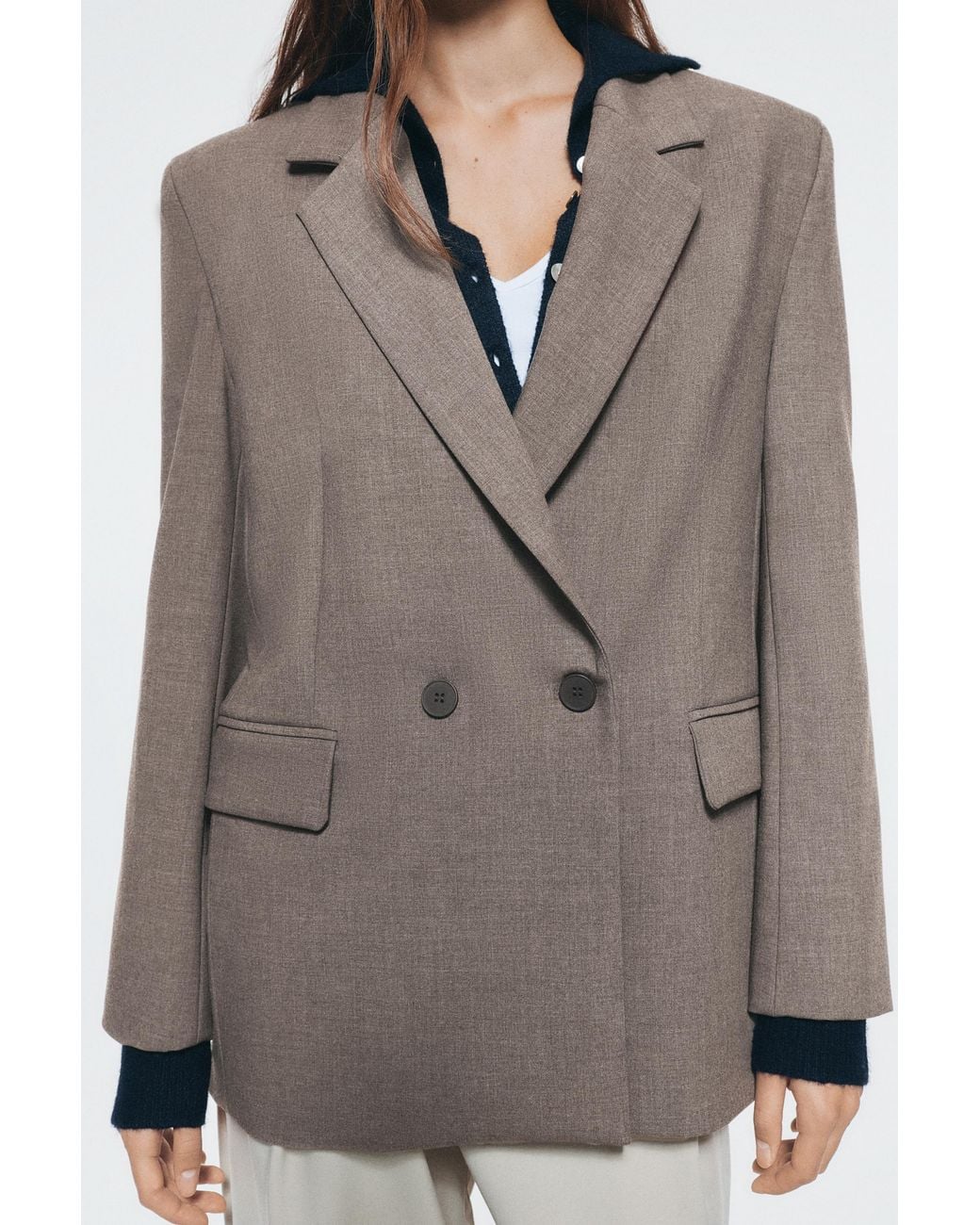 Pull&Bear Gray Double-Breasted Blazer