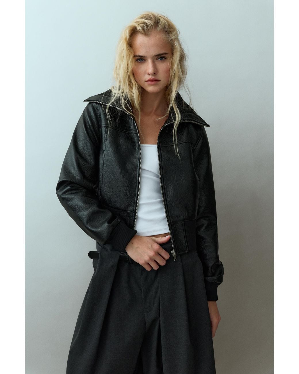 Pull&Bear Blue Leather-Effect Ribbed Jacket