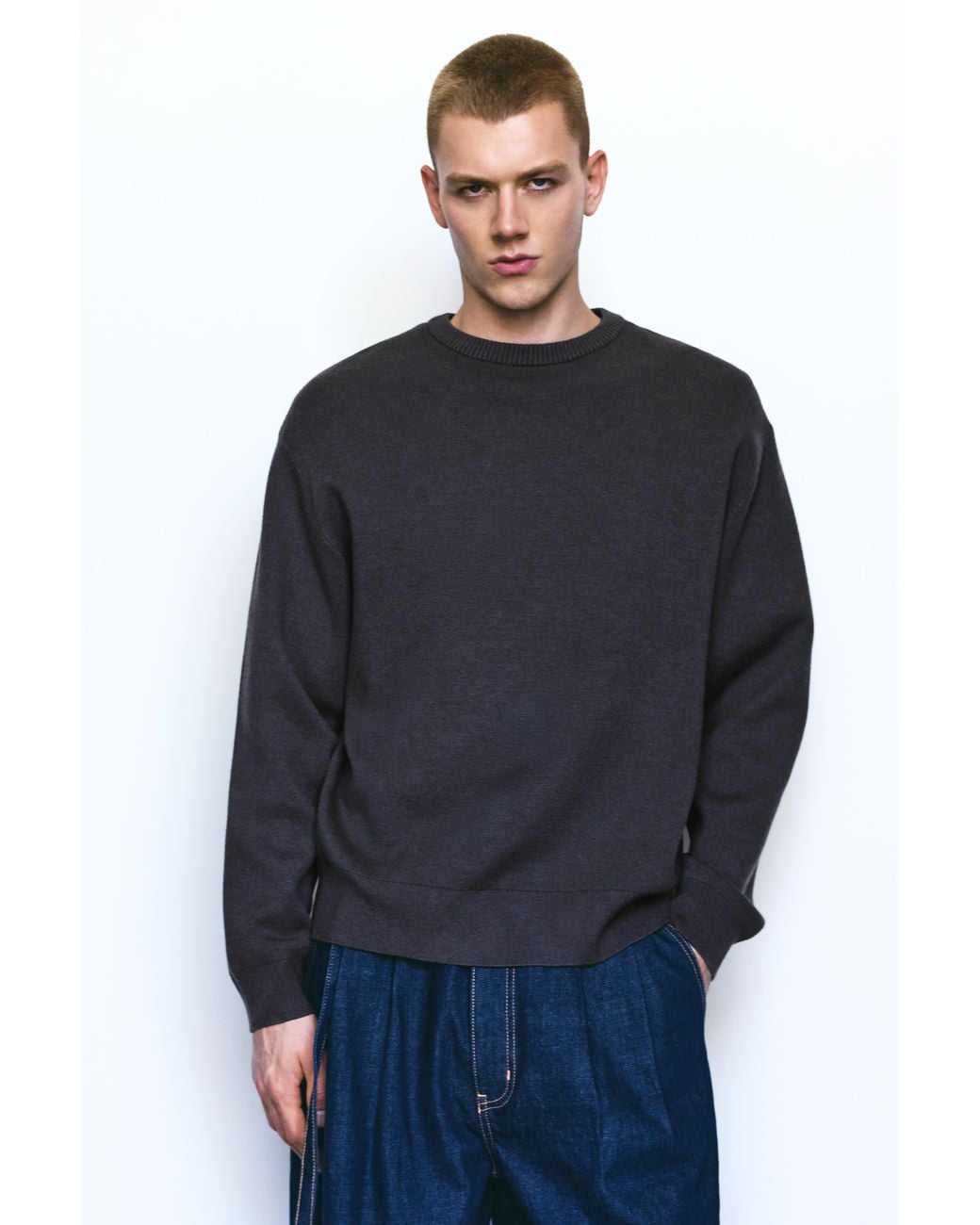 Pull&Bear Blue Soft Round Neck Jumper for men