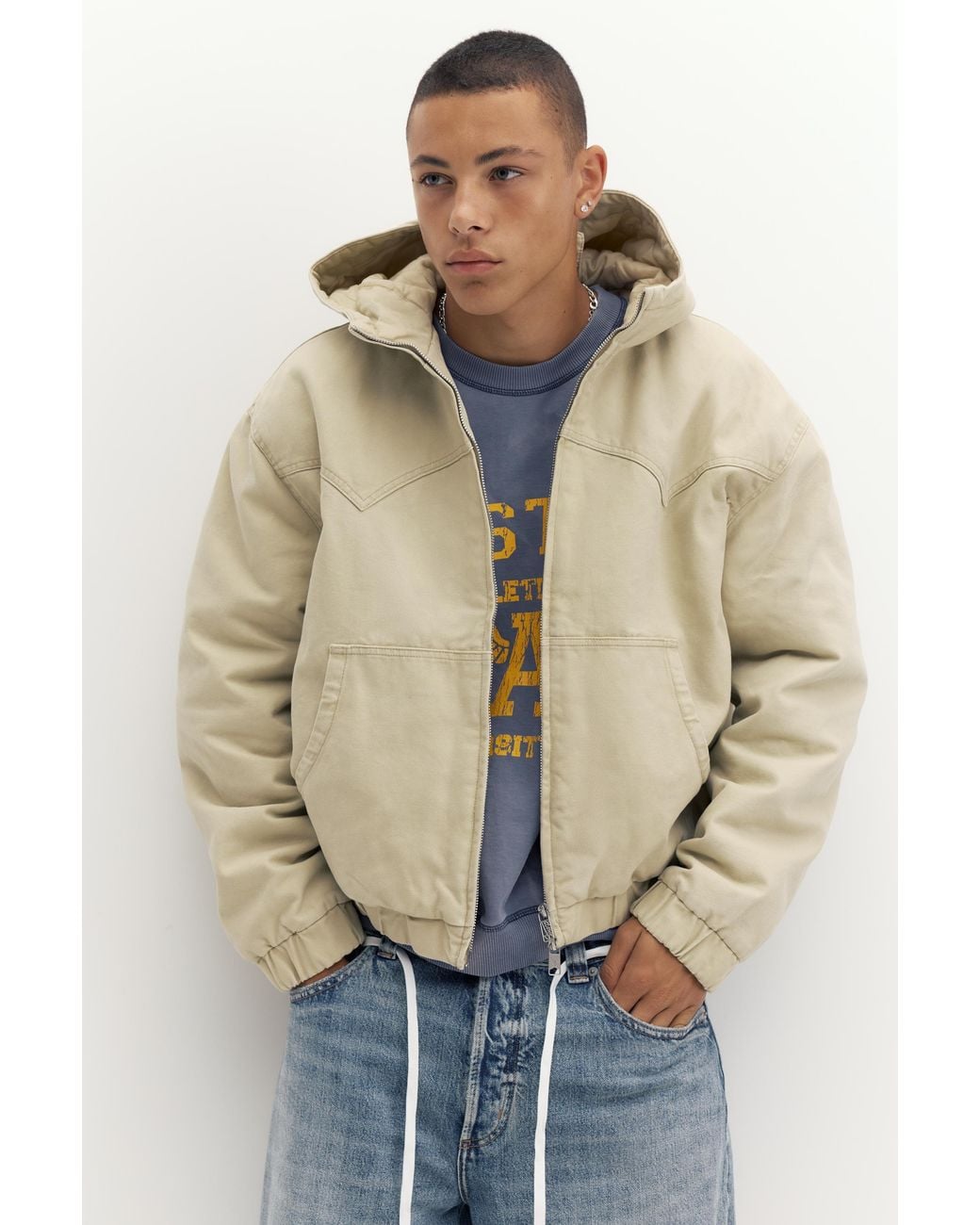 Pull&Bear Blue Hooded Bomber Jacket for men