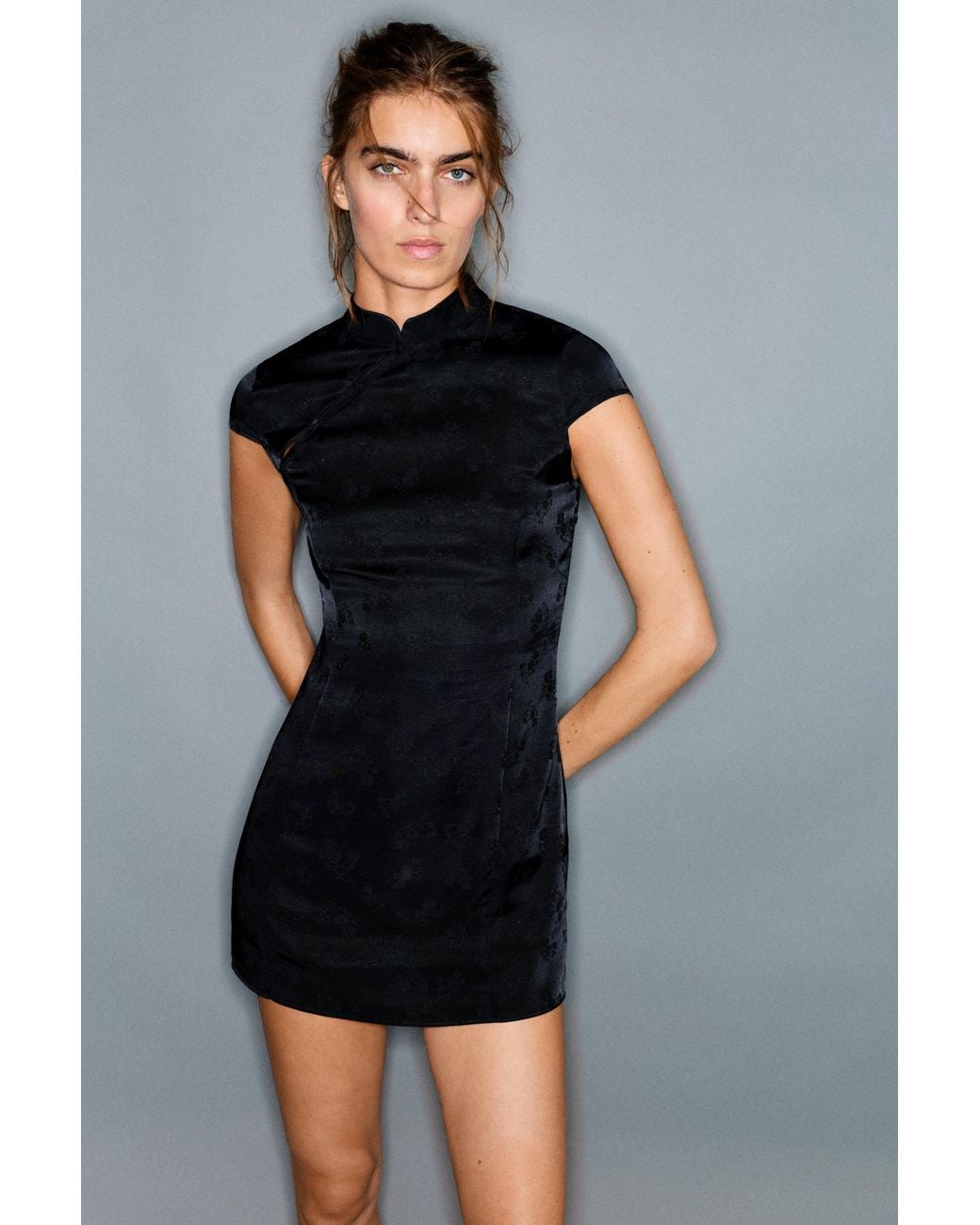 Pull&Bear Black Short Stand Collar Dress With Fireman Clasps